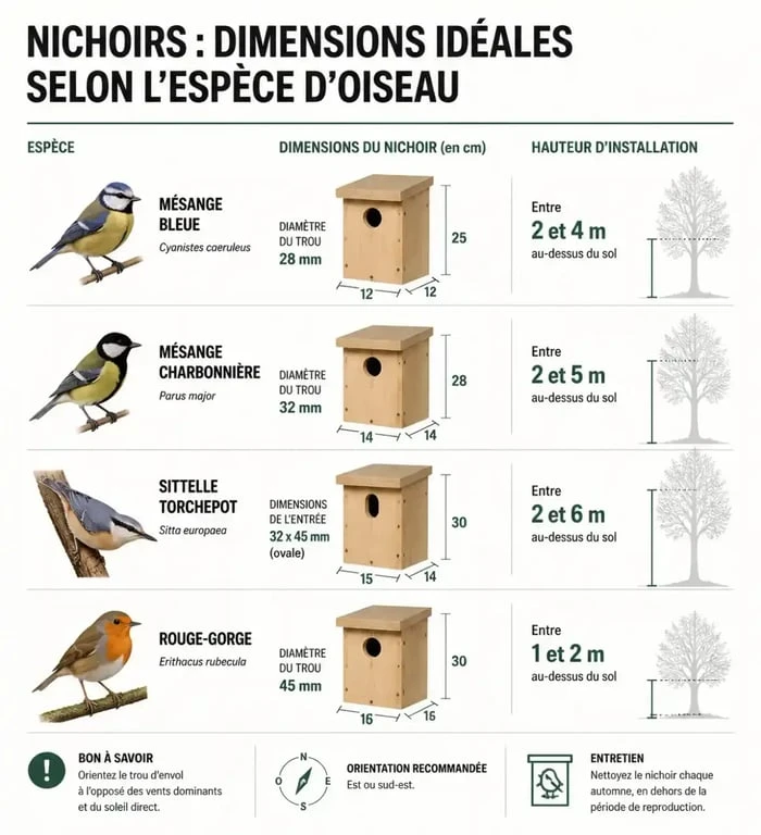 Infographie des dimensions et hauteurs recommandées pour installer un nichoir à oiseaux selon l'espèce.