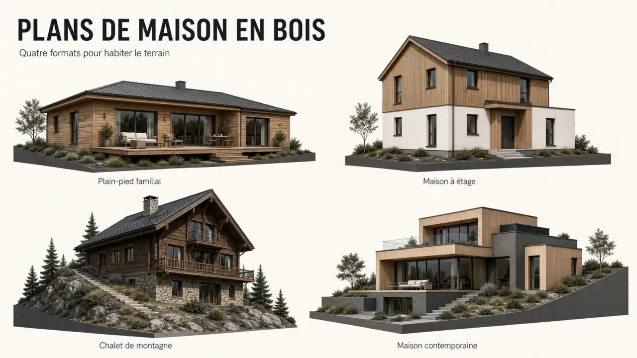 Maison en bois plan : quatre styles de maisons bois illustrés en composition éditoriale