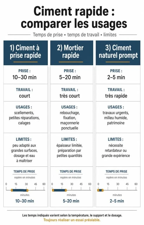 Comparatif du ciment rapide, du mortier rapide et du ciment naturel prompt