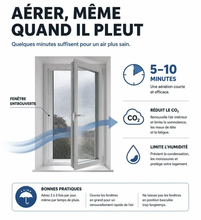 Infographie sur les bonnes pratiques pour aérer son logement quand il pleut