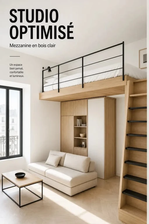 Mezzanine pour studio dans un petit intérieur lumineux avec coin salon et lit en hauteur