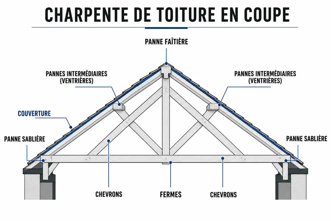 Schéma de panne charpente montrant faîtière, ventrière et sablière dans une toiture