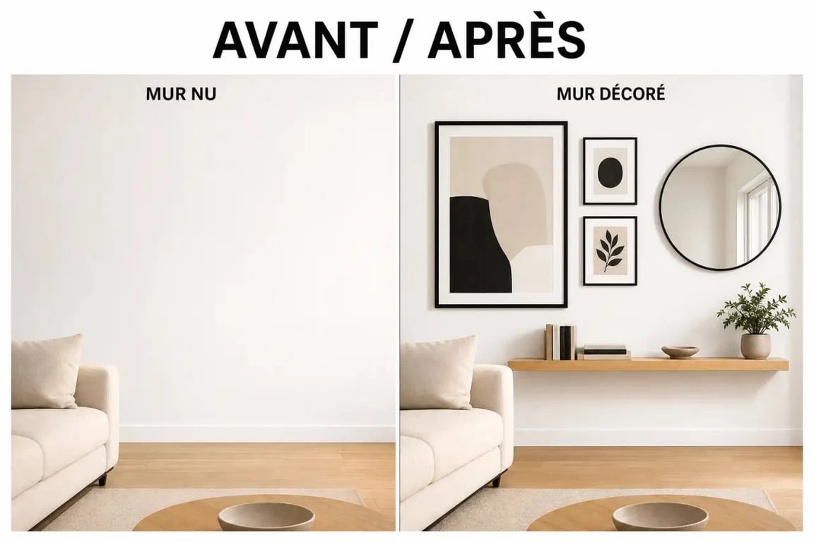 Décorer mur blanc : avant/après d’un mur blanc transformé avec cadres, miroir et étagère dans un salon chaleureux
