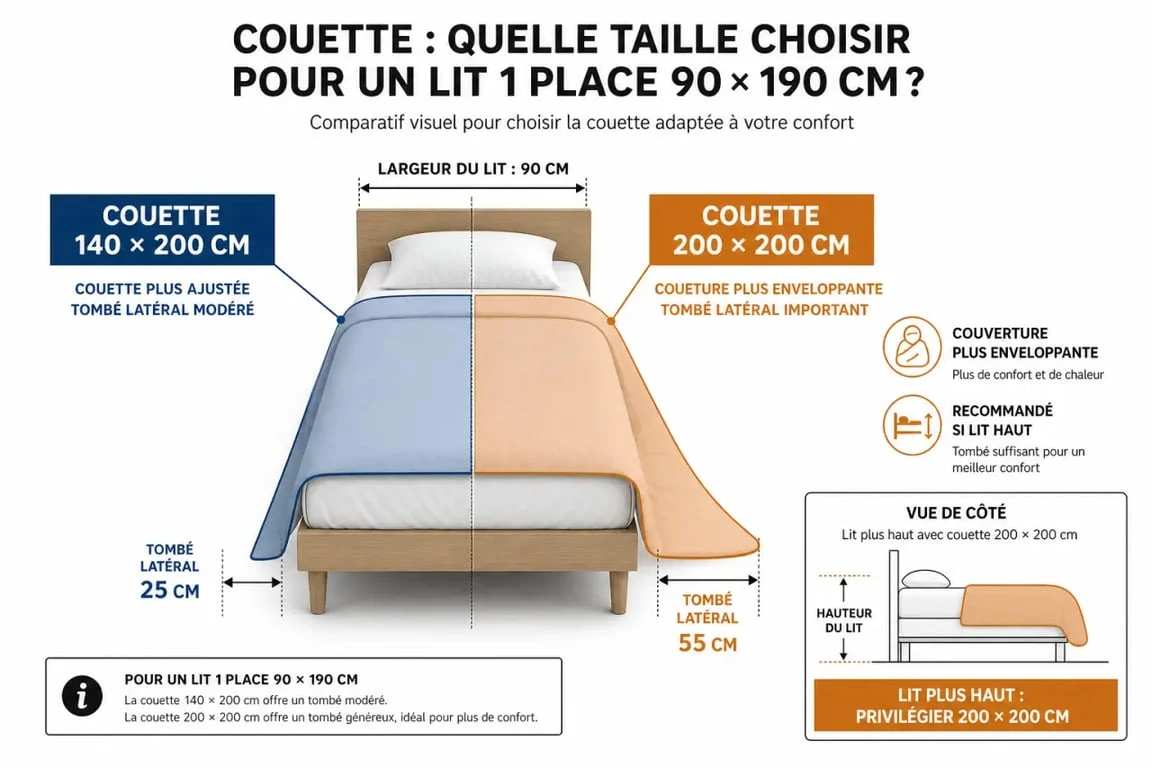 Taille de couette pour lit 90x190 : comparaison visuelle entre 140x200 et 200x200 avec tombé recommandé