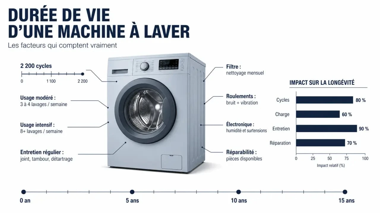 Durée de vie machine à laver : illustration comparative sur les cycles, l’entretien et la réparabilité