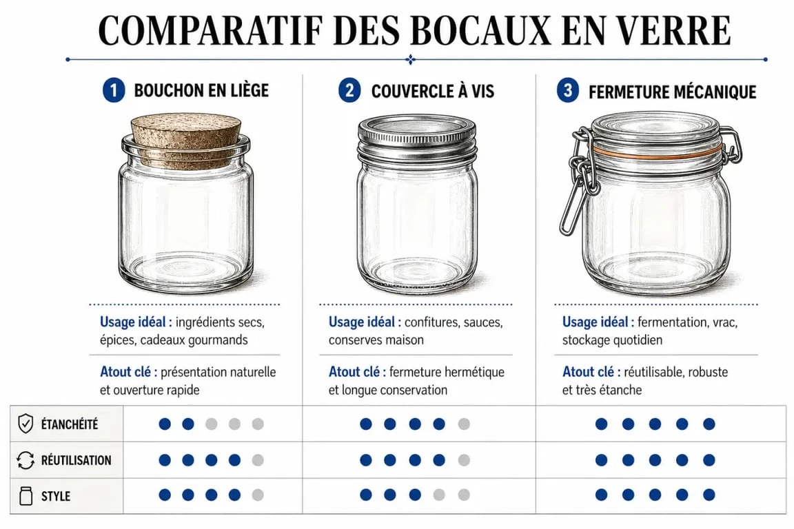 Infographie comparative des types de bocaux en verre pour la décoration et le rangement