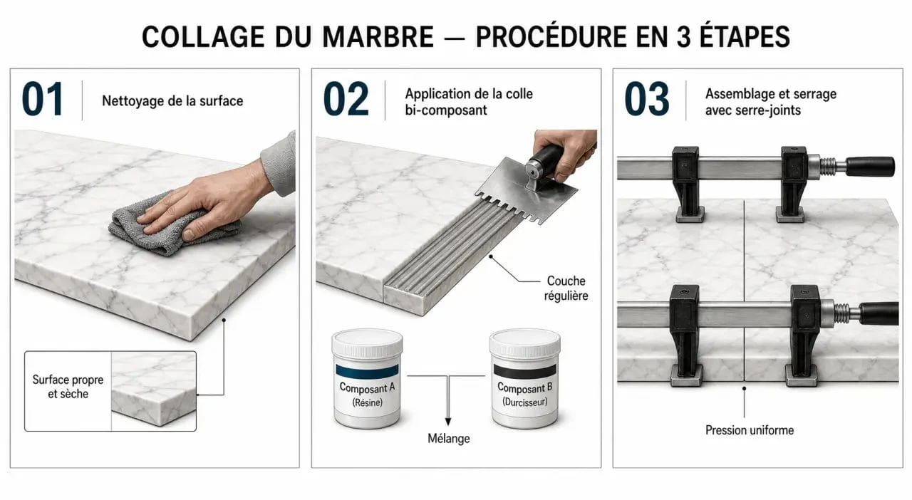 Étapes pour coller du marbre : préparation, application de la colle et serrage des pièces.