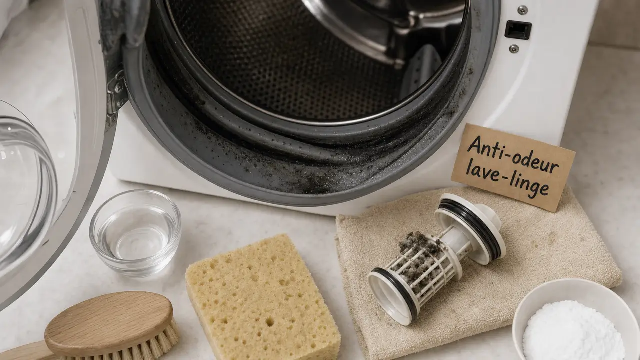 lave linge odeur de moisi : joint noirci, filtre et cycle 90°C