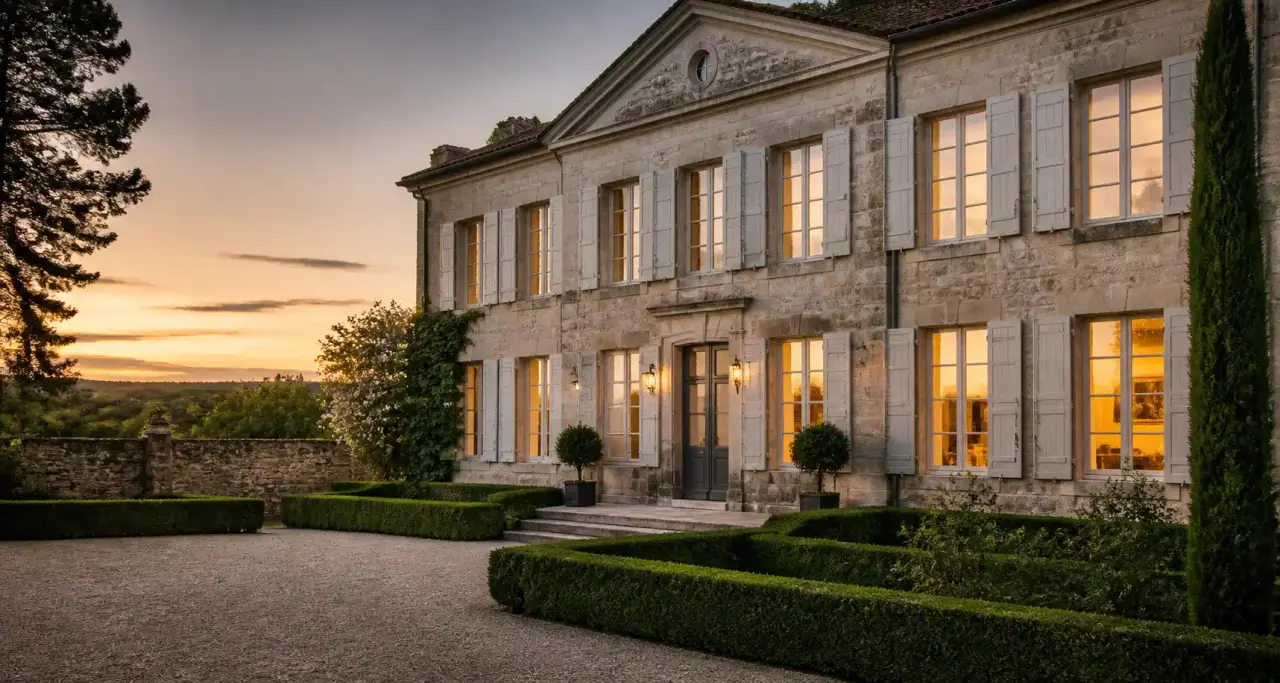 Maison en pierre au crépuscule, valorisation immobilière prestige