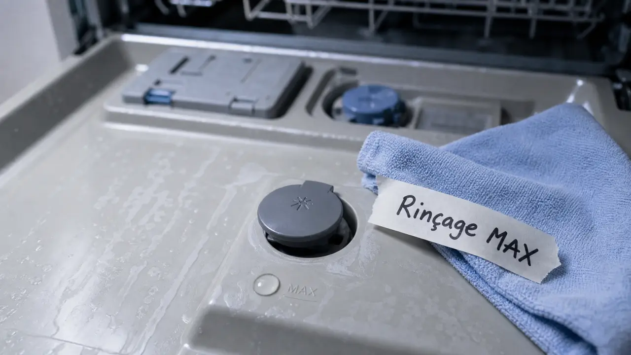 Où mettre le liquide de rinçage lave vaisselle : repère MAX sur le réservoir