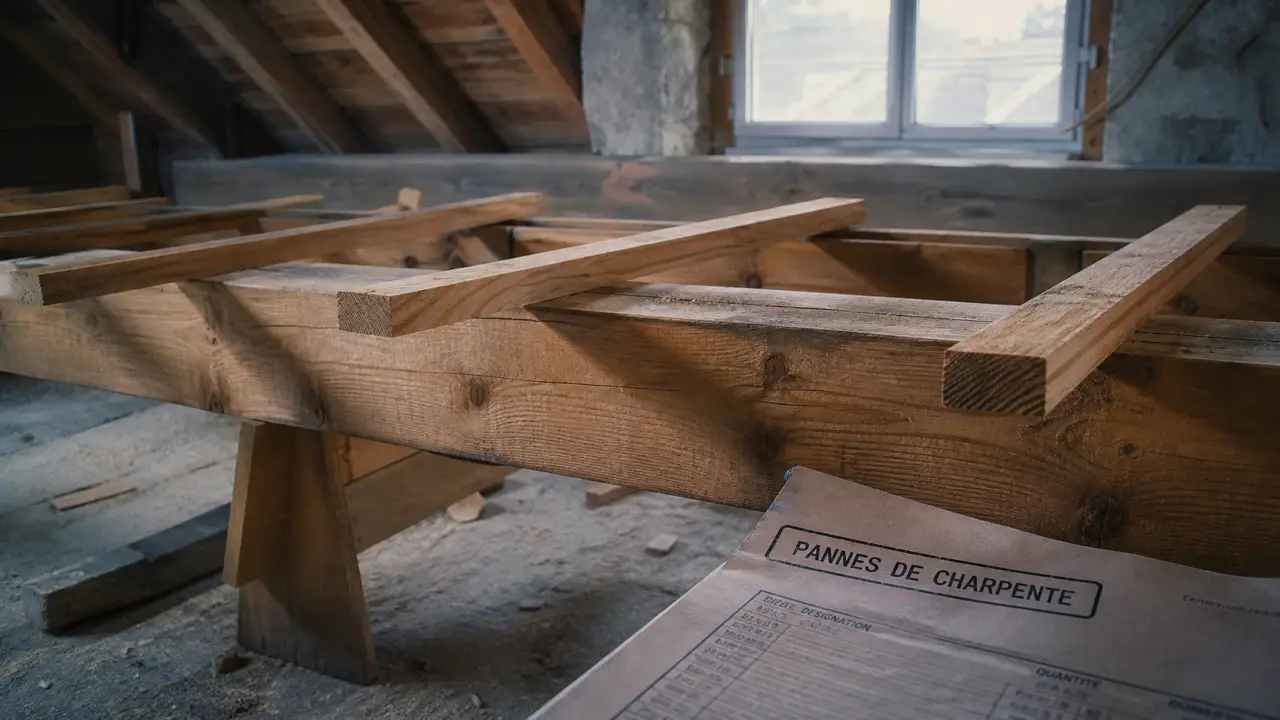 Panne charpente sur chantier : faîtière, sablière, ventrière