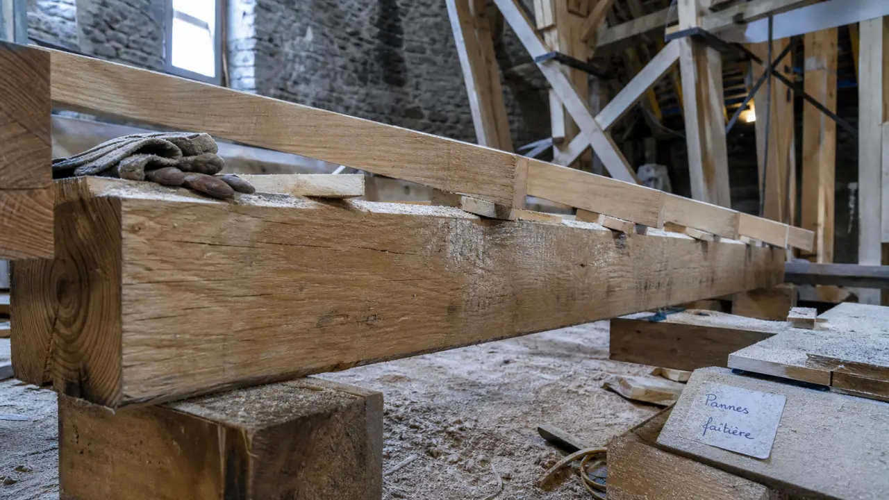 Panne charpente sur chantier : faîtière, sablière, ventrière