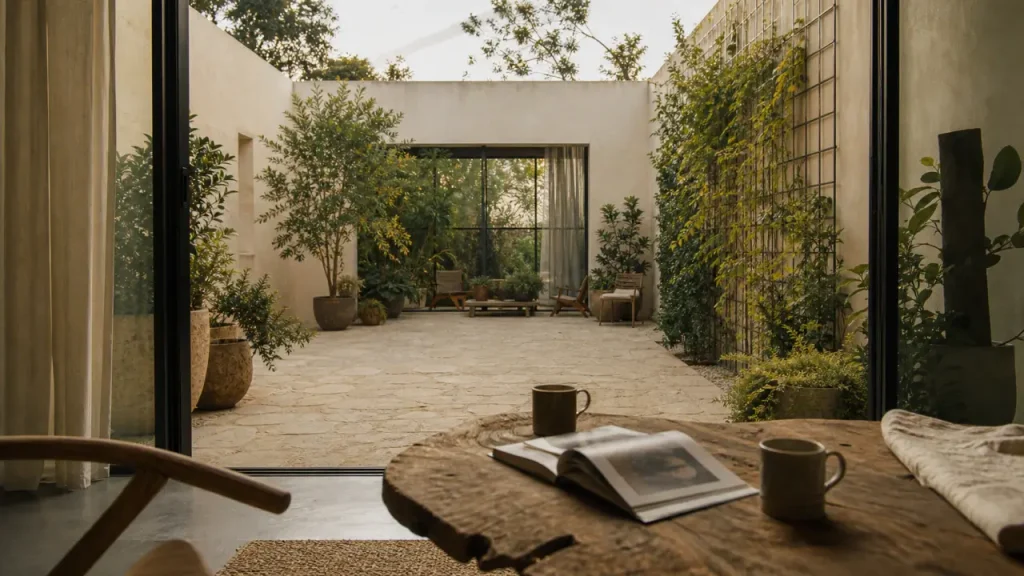 Patio dans maison : cour pavée, plantes et baie vitrée