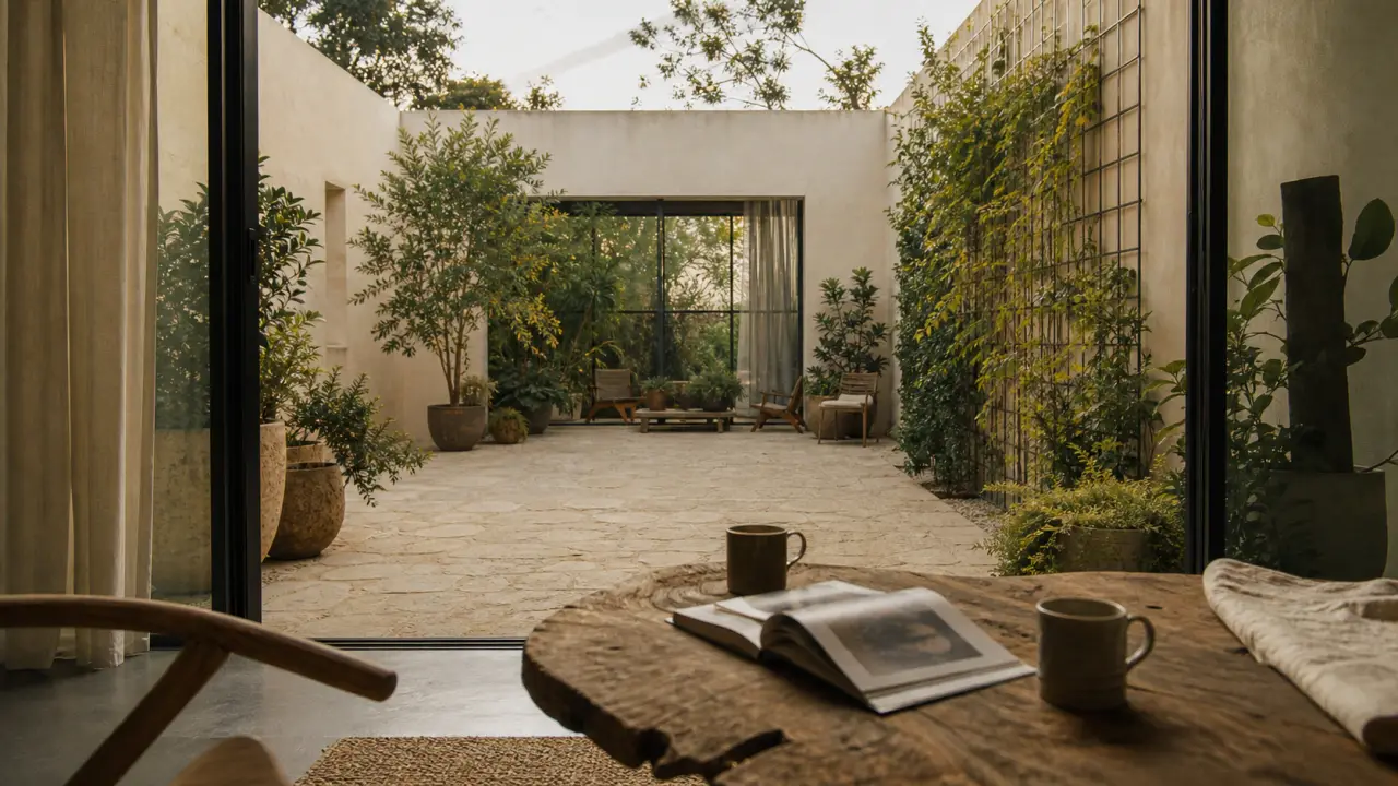 Patio dans maison : cour pavée, plantes et baie vitrée