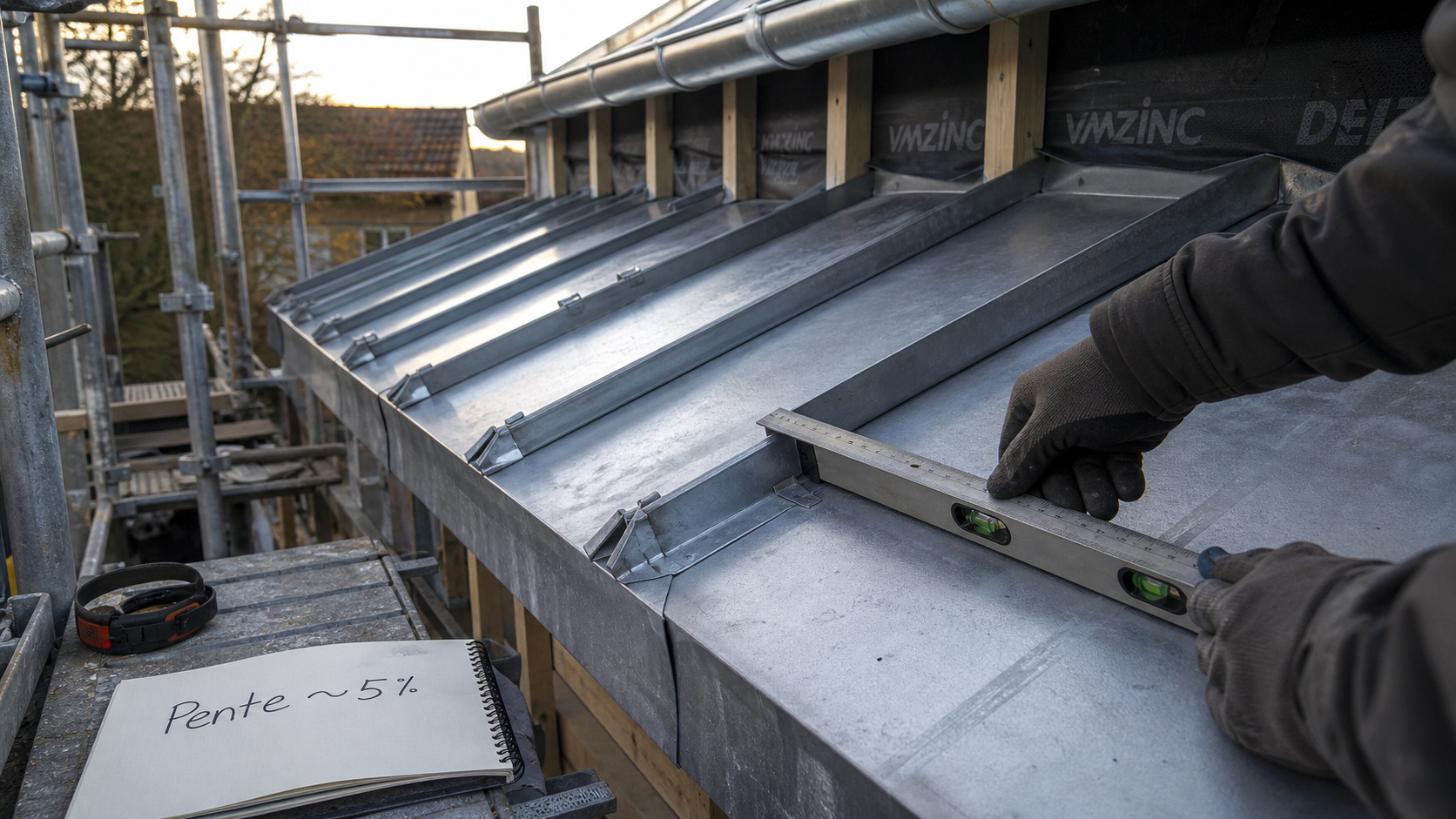 Pente toiture zinc 5% au joint debout, pose sur rampant
