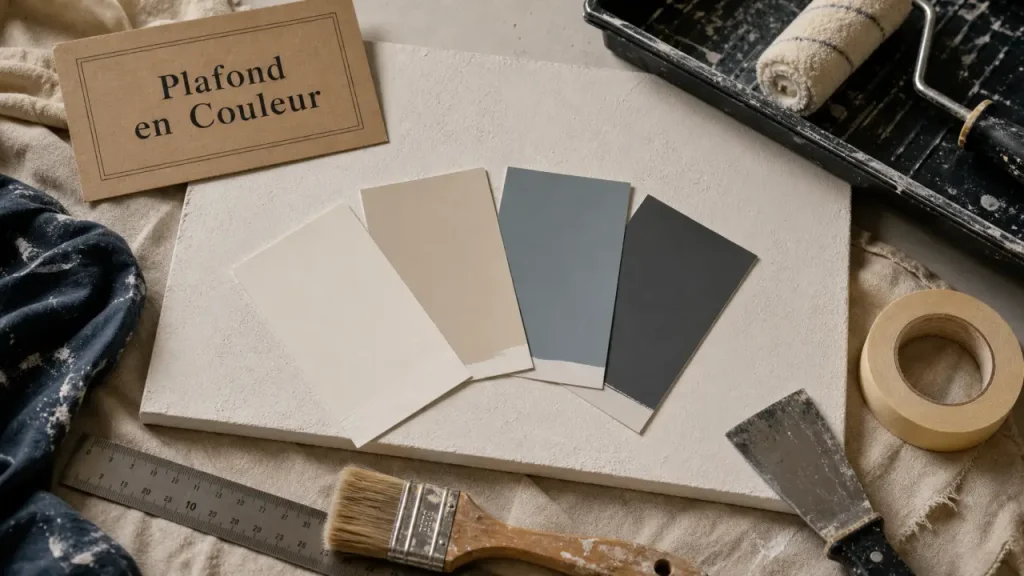 Échantillons de plafond peinture couleur : blanc, beige, bleu, gris
