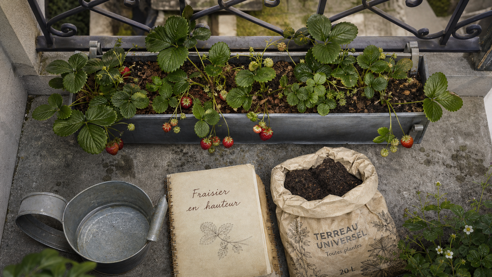 Plantation fraisier en hauteur : gouttière-jardinière avec fraisiers