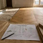 Pose chevron 45° : calepinage net, joints réguliers sur sol parquet