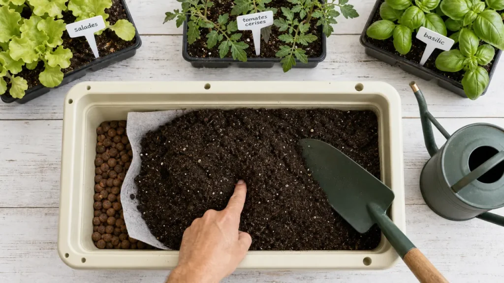 Potager sur balcon : jardinière avec terreau et plants