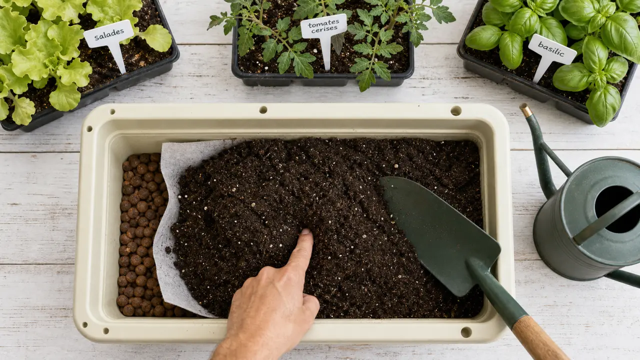 Potager sur balcon : jardinière avec terreau et plants