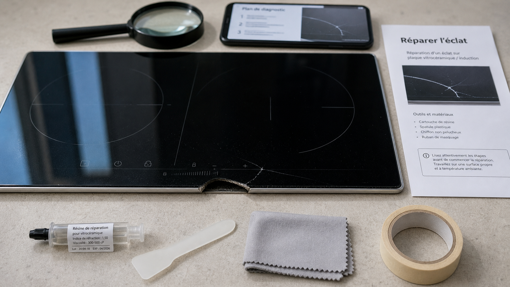 Résine réparation verre plaque induction sur éclat près de la fissure