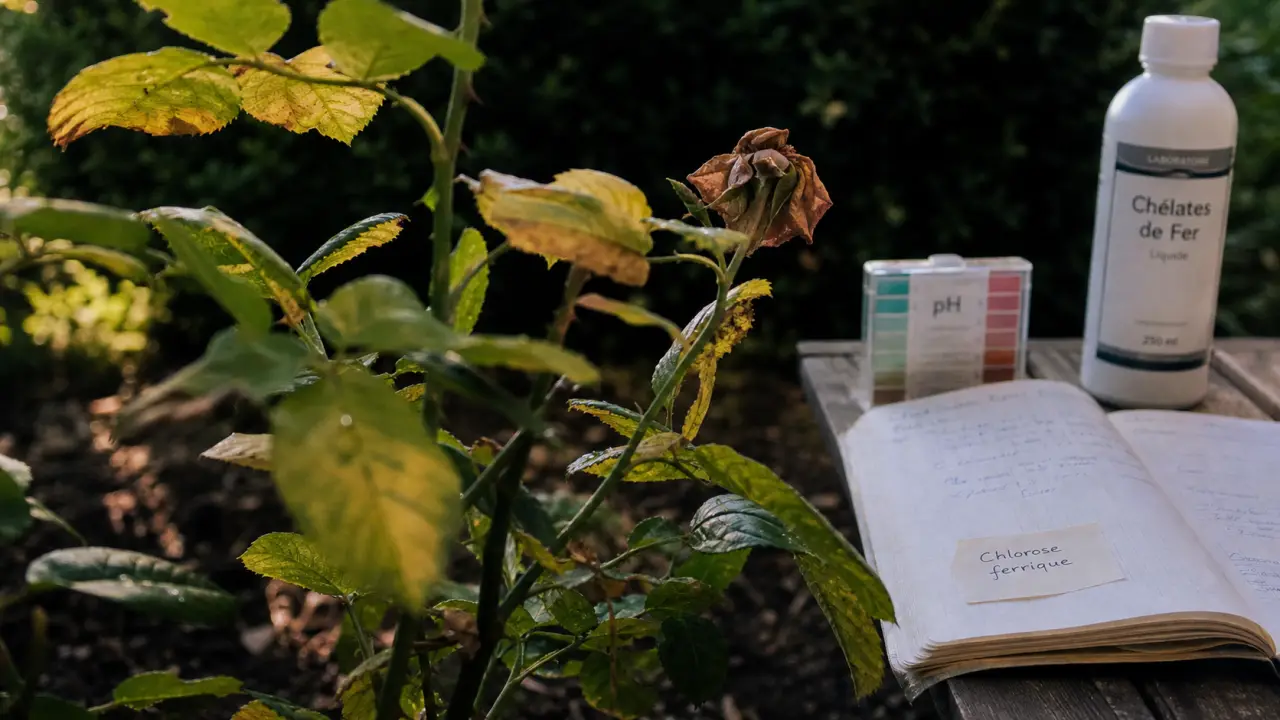 Rosier jaunissement des feuilles : chlorose ferrique avec feuilles jaunes