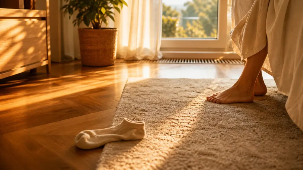 Sol chambre : parquet et confort sous les pieds, tapis moelleux