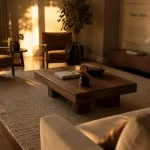 Tapis dans salon sous canapé, devant le mobilier