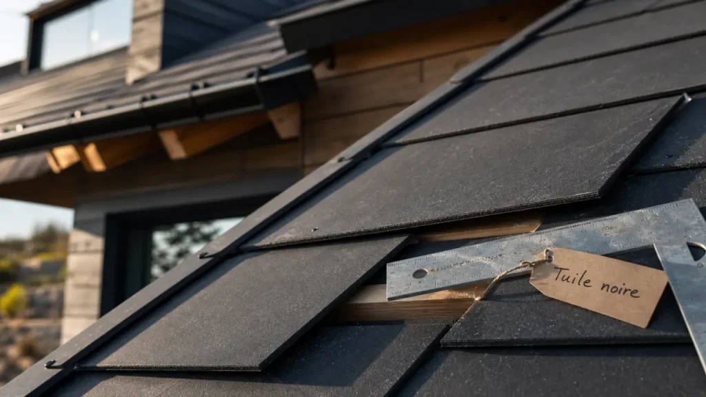 Tuile noire plate sur toiture : joints et texture mate