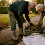 Aide jardinage personnes âgées : seniors ramassent feuilles mortes au jardin