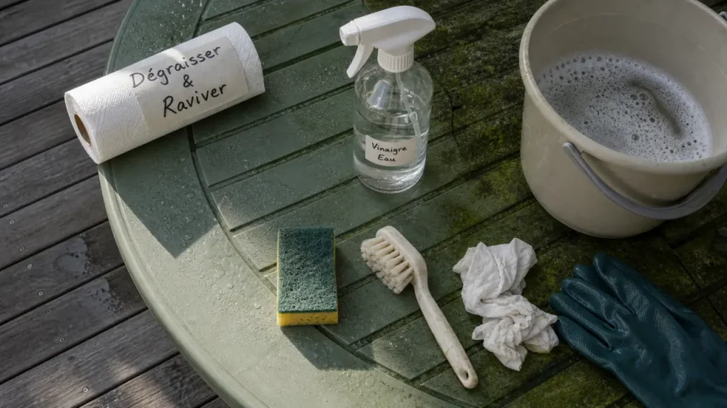 Salon de jardin en plastique vert, terne ou noirci : vinaigre, cristaux de soude et bons gestes pour le raviver