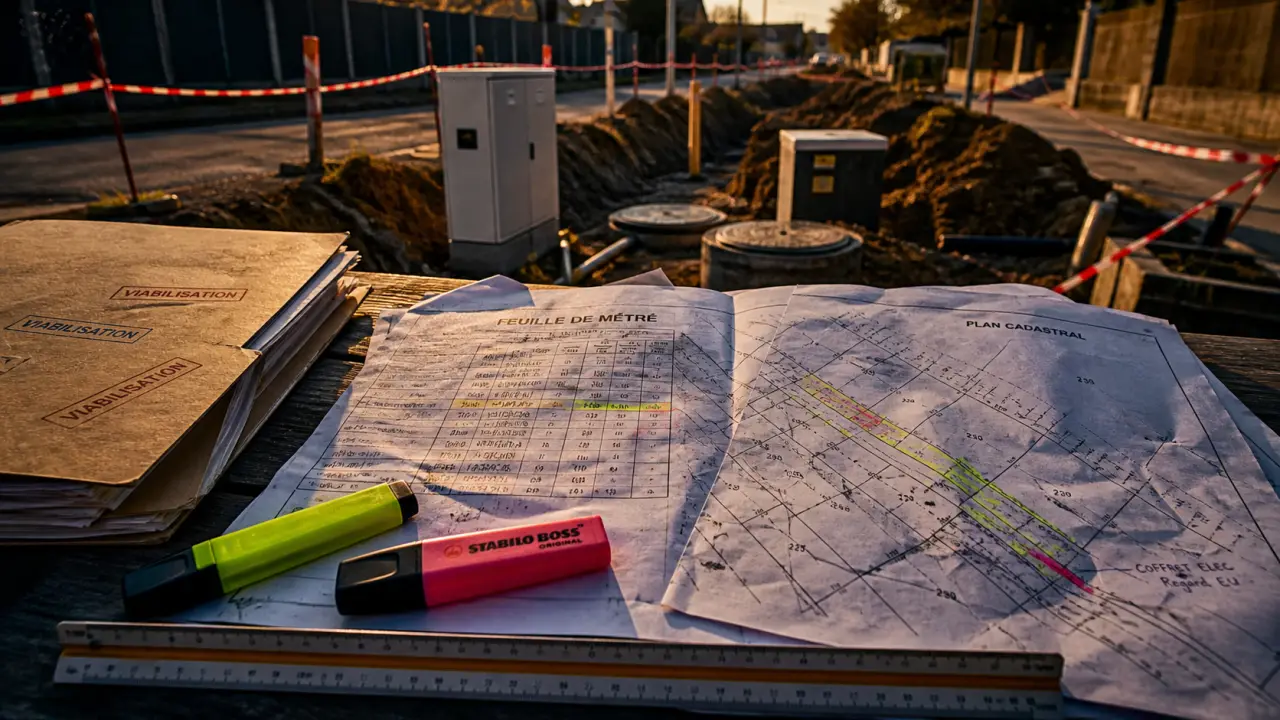 cout terrain viabilisé : plan, métré et réseaux près d’un chantier