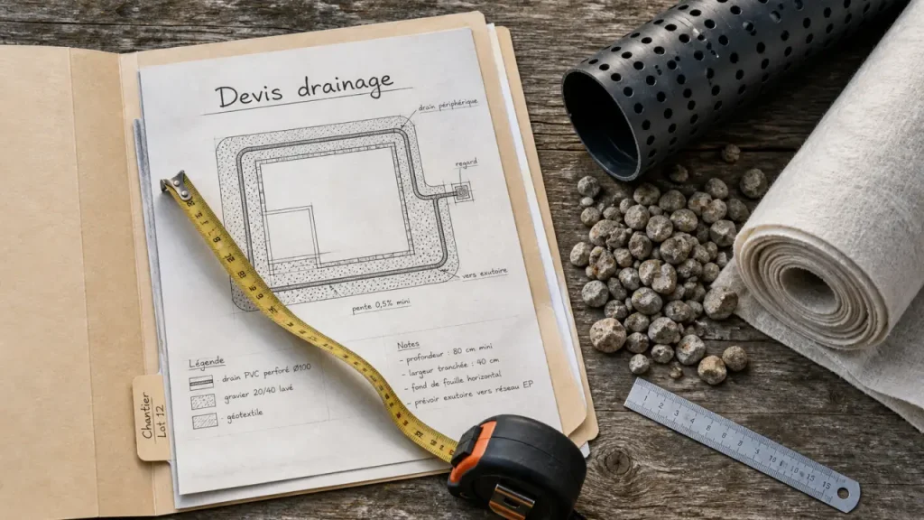 Devis travaux drainage : ce qui change le prix entre 1,50 m, exutoire et postes cachés