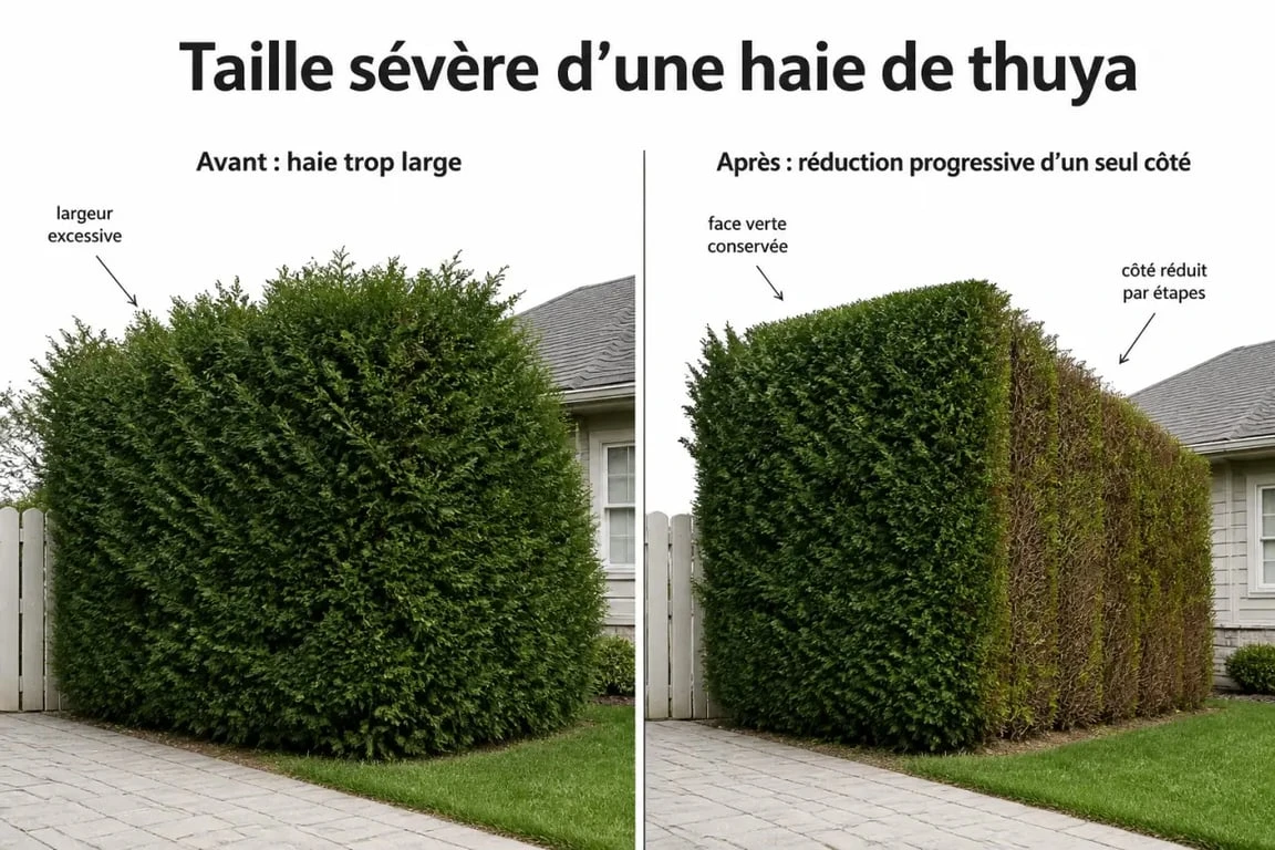 Thuya taille sévère : haie avant et après une réduction progressive en conservant le feuillage vert