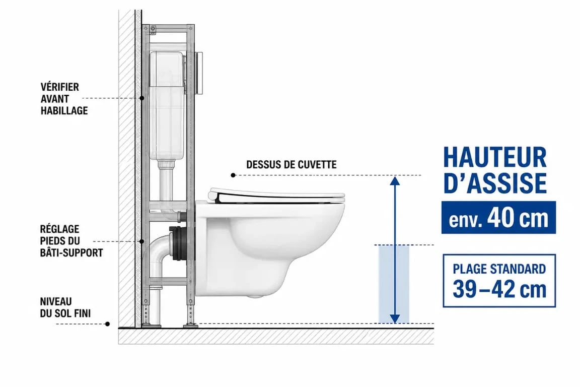 Hauteur toilette suspendu : schéma de mesure depuis le sol fini avec bâti-support et repère standard autour de 40 cm