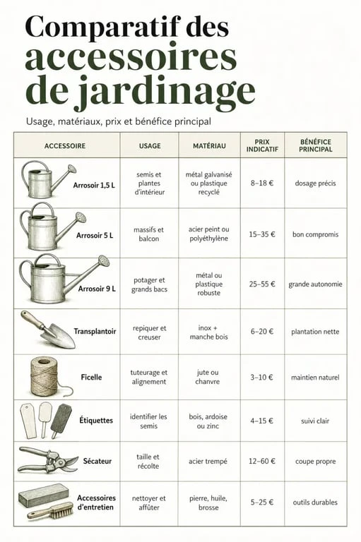 Accessoire pour jardinage : tableau comparatif des principaux accessoires selon l’usage et le budget