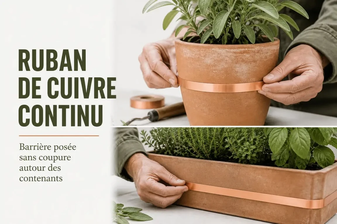 Répulsif naturel limace : pose d’un ruban de cuivre sur une jardinière