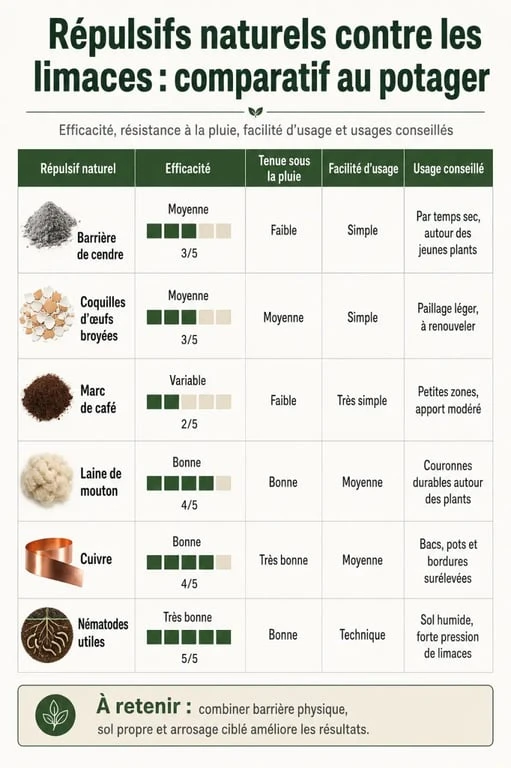 Répulsif naturel limace : comparatif visuel des méthodes utiles au potager