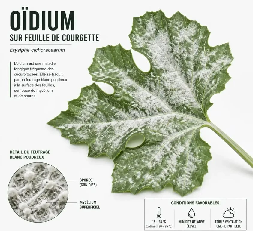 Symptômes de l'oïdium sur feuille de courgette : taches blanches poudreuses