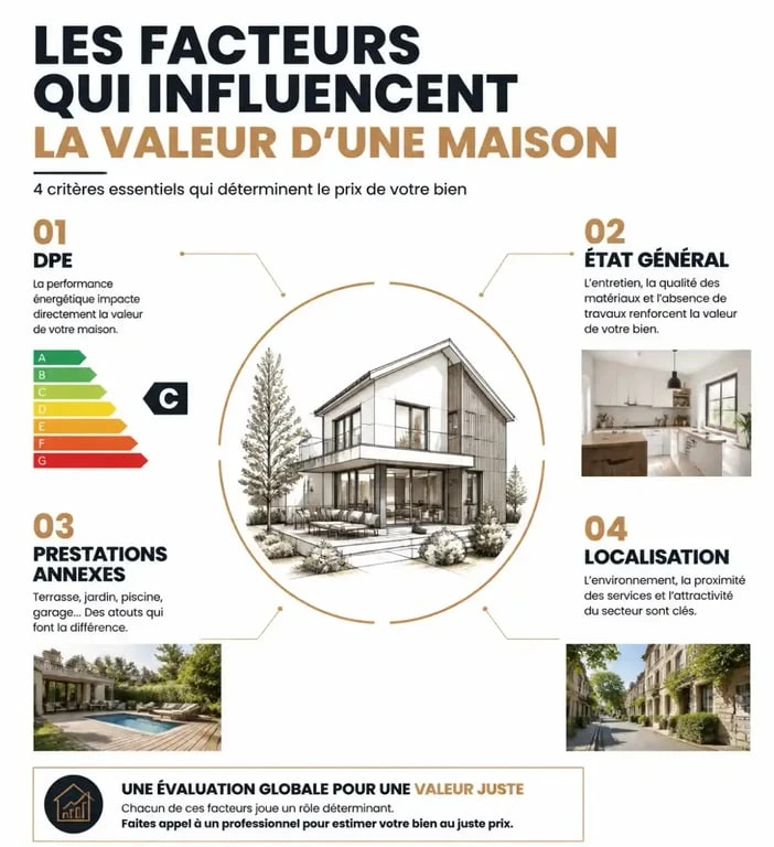 Infographie des facteurs influençant la valeur d'une maison pour faire estimer sa maison sans la vendre