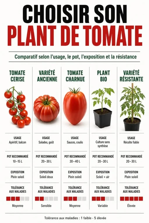 Infographie comparative pour choisir un plant de tomate selon l’usage, le pot et la résistance