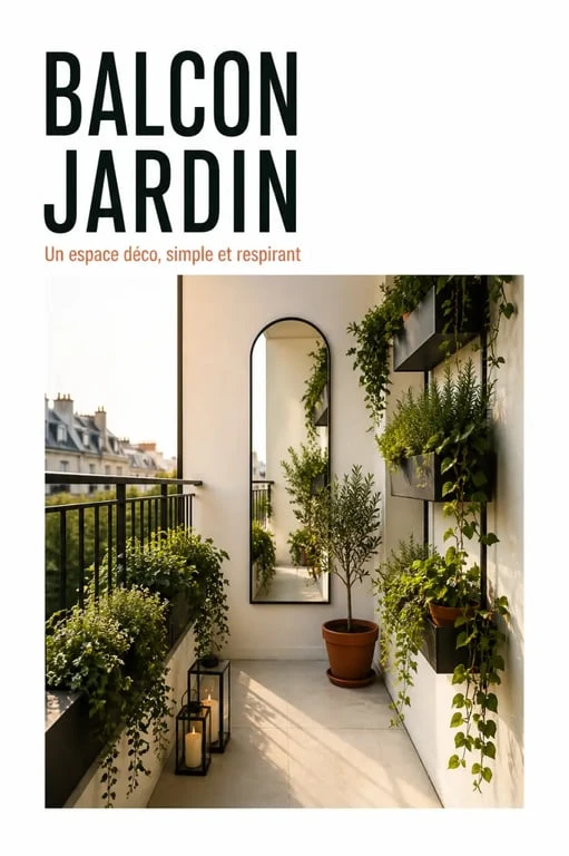 Jardinage deco sur un petit balcon urbain avec miroir, jardinières verticales et lanternes