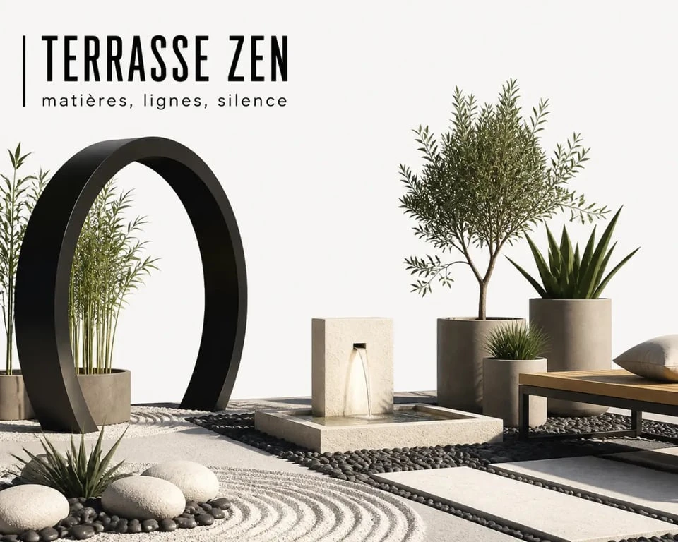 Jardinage deco sur une terrasse avec arche, fontaine et grands pots