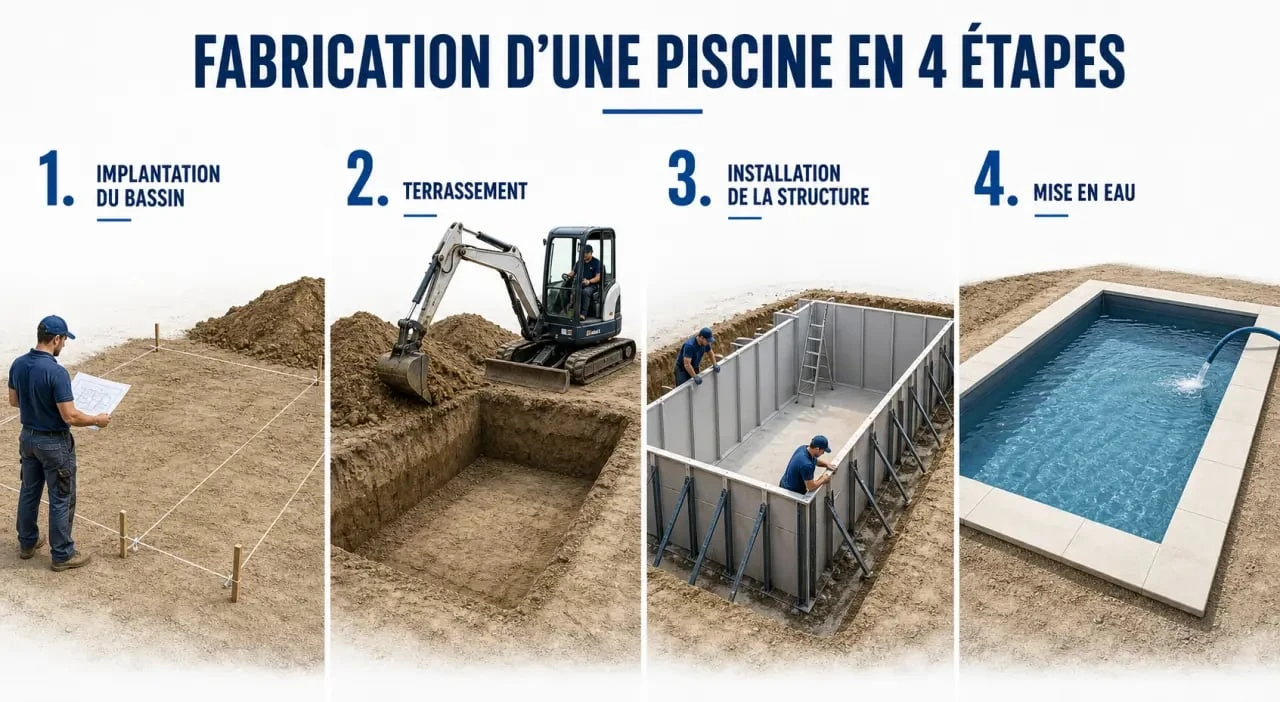 Fabrication d une piscine en étapes, du terrassement à la mise en eau