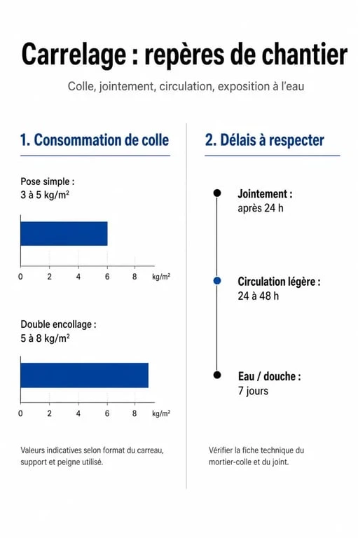 Colle et joint pour carrelage : repères visuels sur la consommation au m² et les délais de séchage
