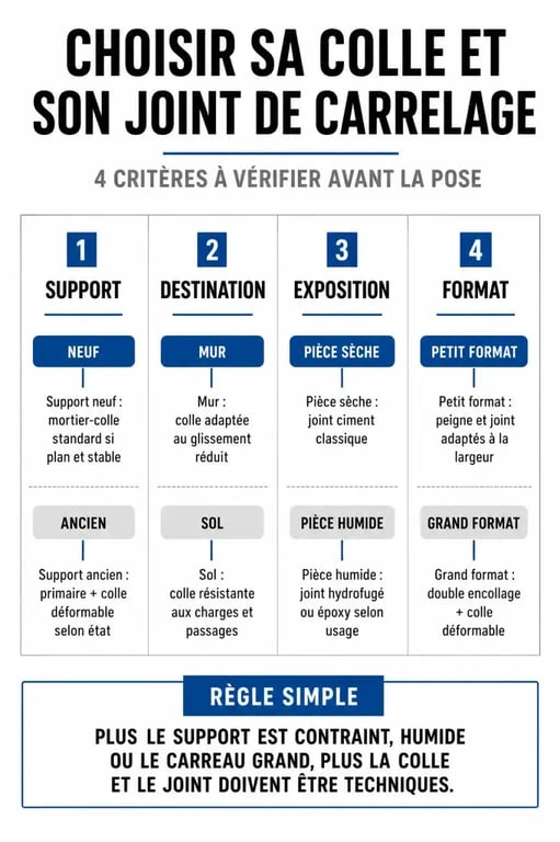 Colle et joint pour carrelage : comparaison visuelle selon mur, sol, humidité et format des carreaux