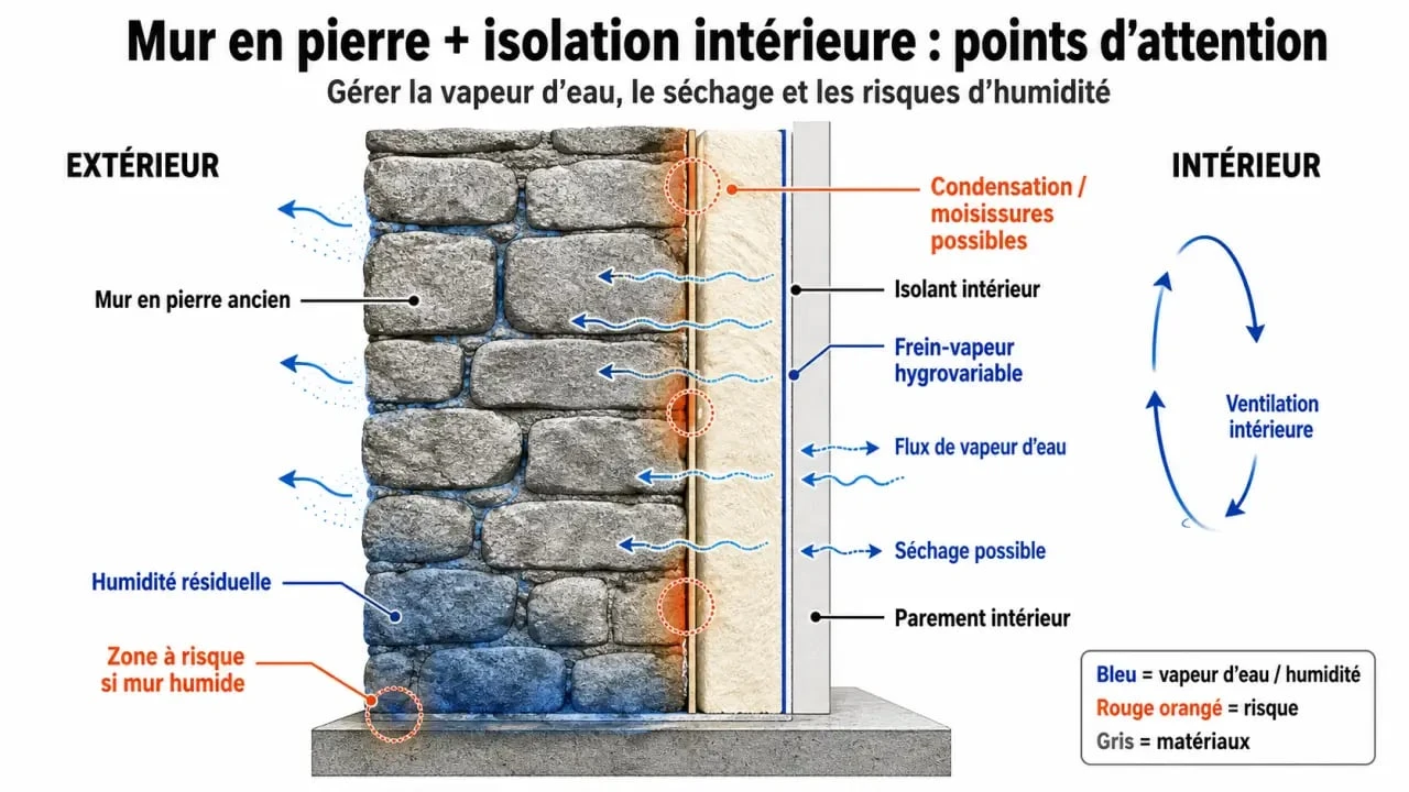 Isoler une maison en pierre : schéma de l’humidité et de la perspirance du mur