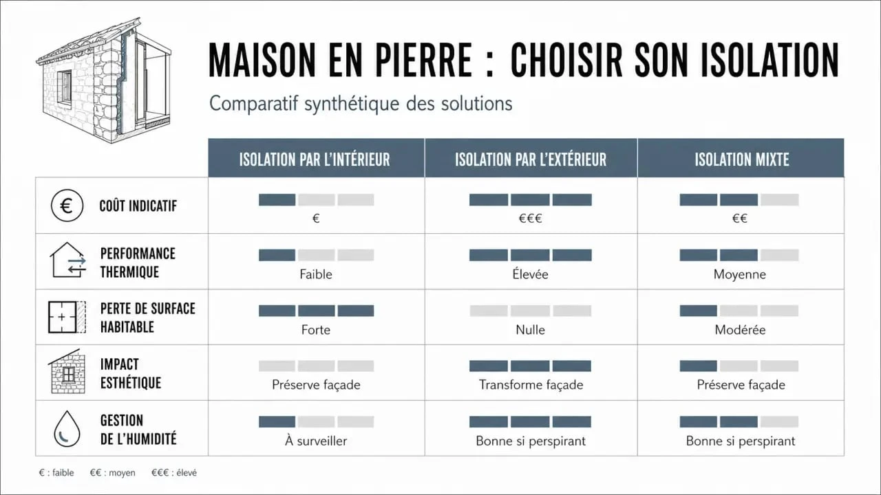 Isoler une maison en pierre : comparaison ITI, ITE et isolation mixte en infographie éditoriale