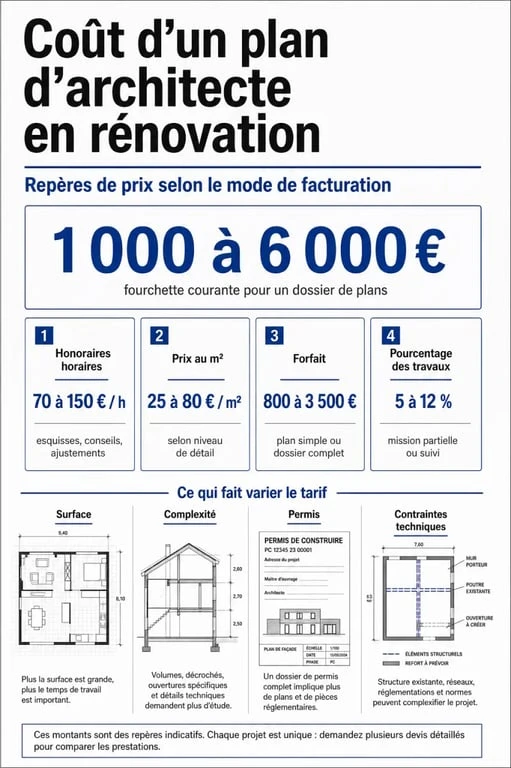 Tarif plan architecte renovation : infographie des fourchettes de prix et des facteurs de variation