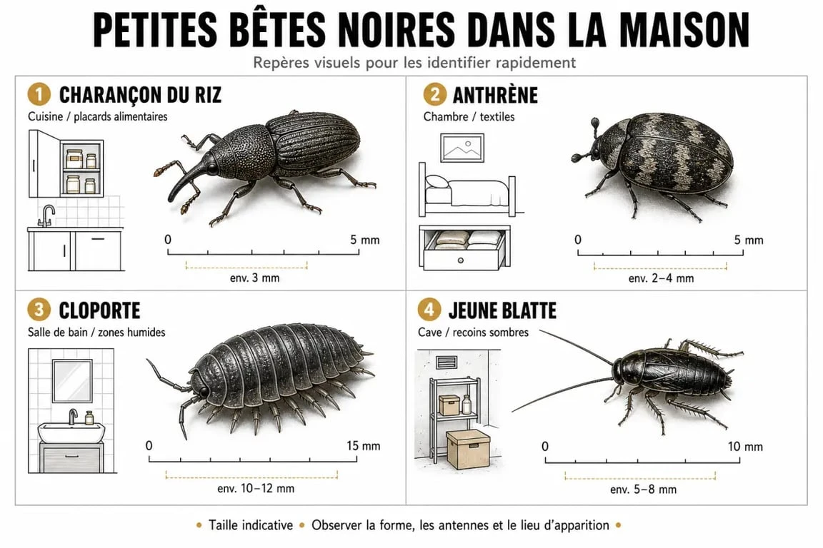 Petit bete noire maison : comparaison visuelle des insectes les plus fréquents et des pièces où les trouver